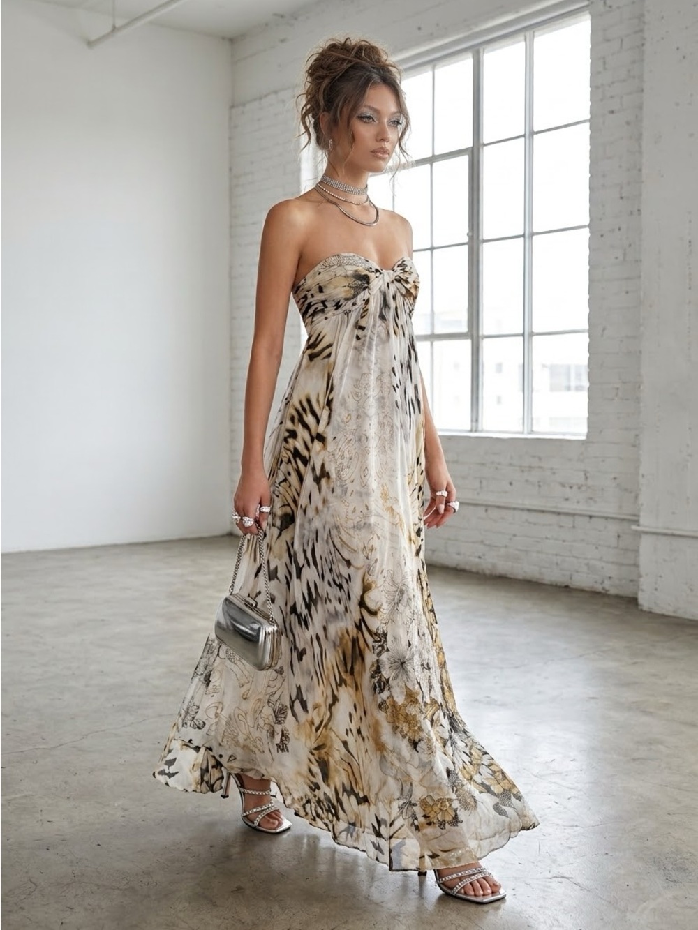 Vintage Y2K A.B.S. Mixed Animal Floral Print Silk Strapless Maxi Dress - US 4